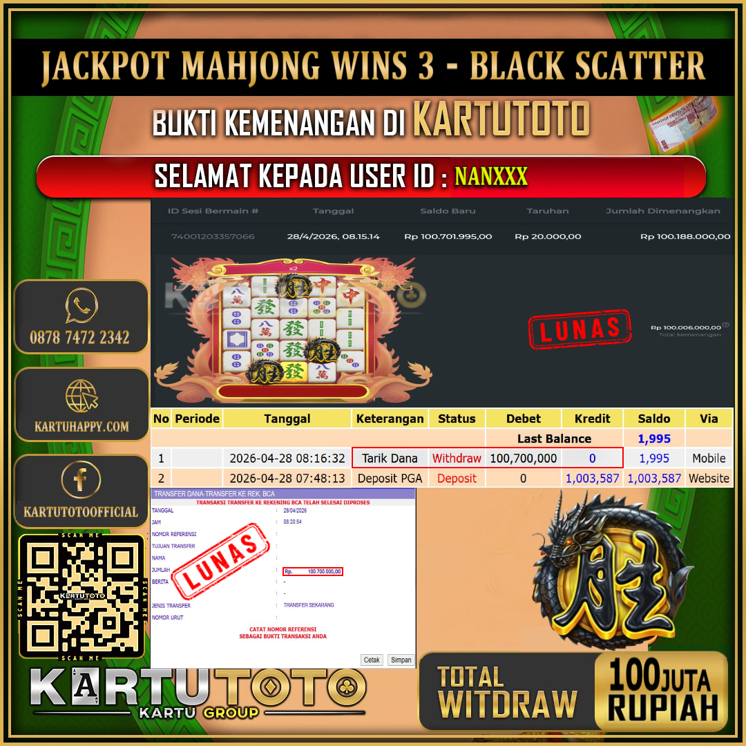 KARTUTOTO JACKPOT SLOT MAHJONG WINS 3 - BLACK SCATTER Rp.100.000.000,- LUNAS USER ID : NAN***‎ ‎ ‎