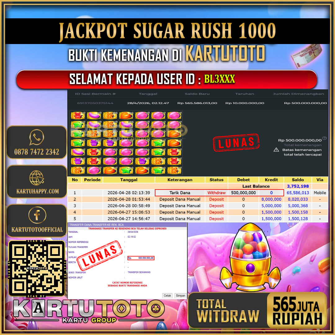 KARTUTOTO JACKPOT SLOT SUGAR RUSH 1000 Rp.565.000.000,- LUNAS USER ID : BL3***‎ ‎ ‎