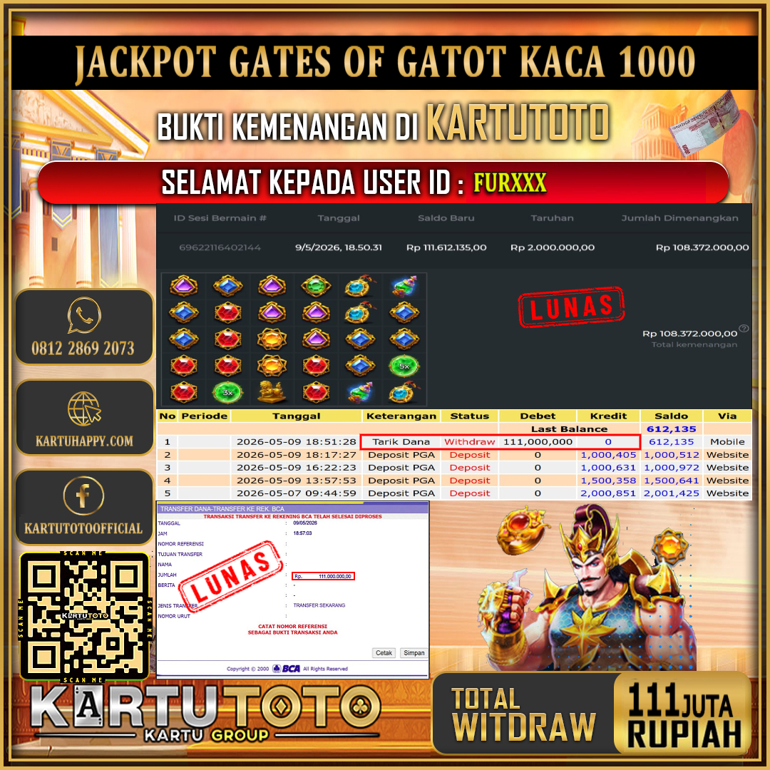 KARTUTOTO JACKPOT SLOT GATES OF GATOT KACA 1000 Rp.111.000.000,- LUNAS USER ID : FUR***‎ ‎ ‎